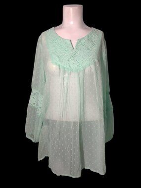 NEW Cal Style Women's Swiss Dot Sheer Top L Lace Trim Fairy Coquette Green Flowy
